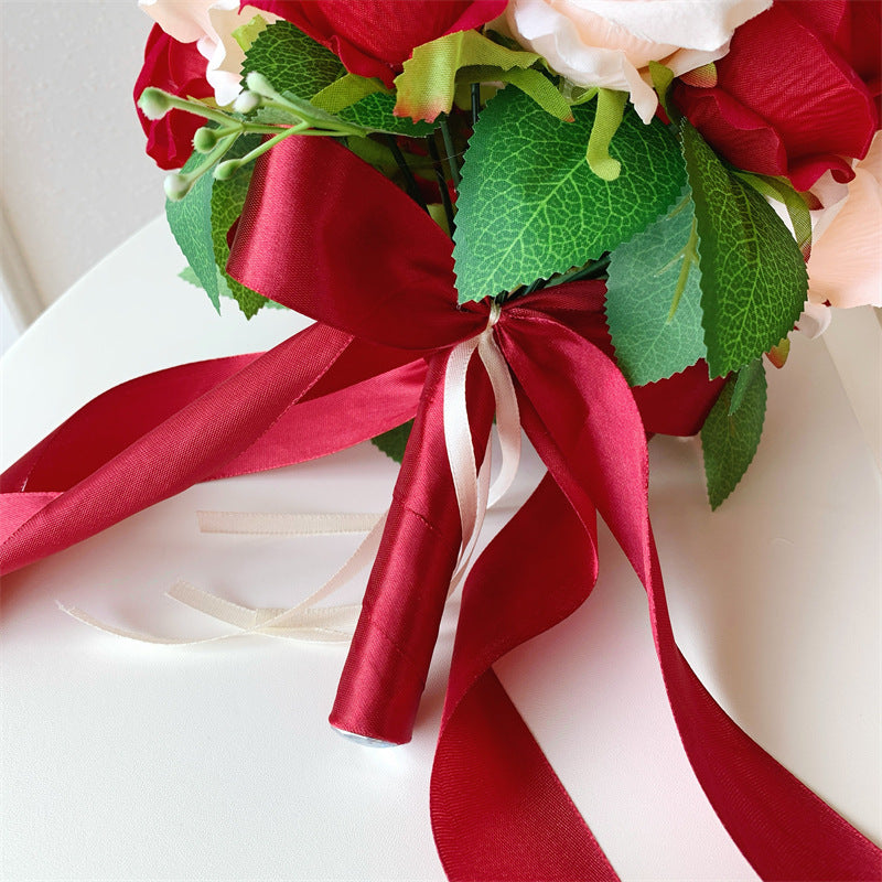Wedding Bouquet with 18 Silk-Like Roses, 12" Height, Faux Silk Bridal Hand-Tied Bouquet