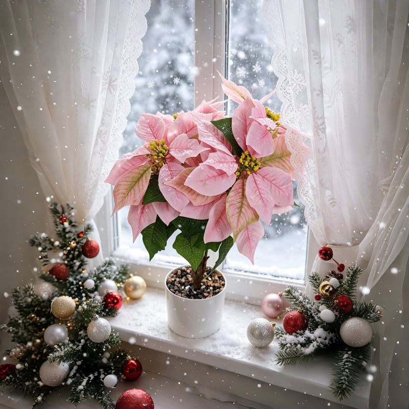 Artificial Poinsettia Christmas Flower Bush, 20" Height, Silk-Like Fabric, Indoor Holiday Decor