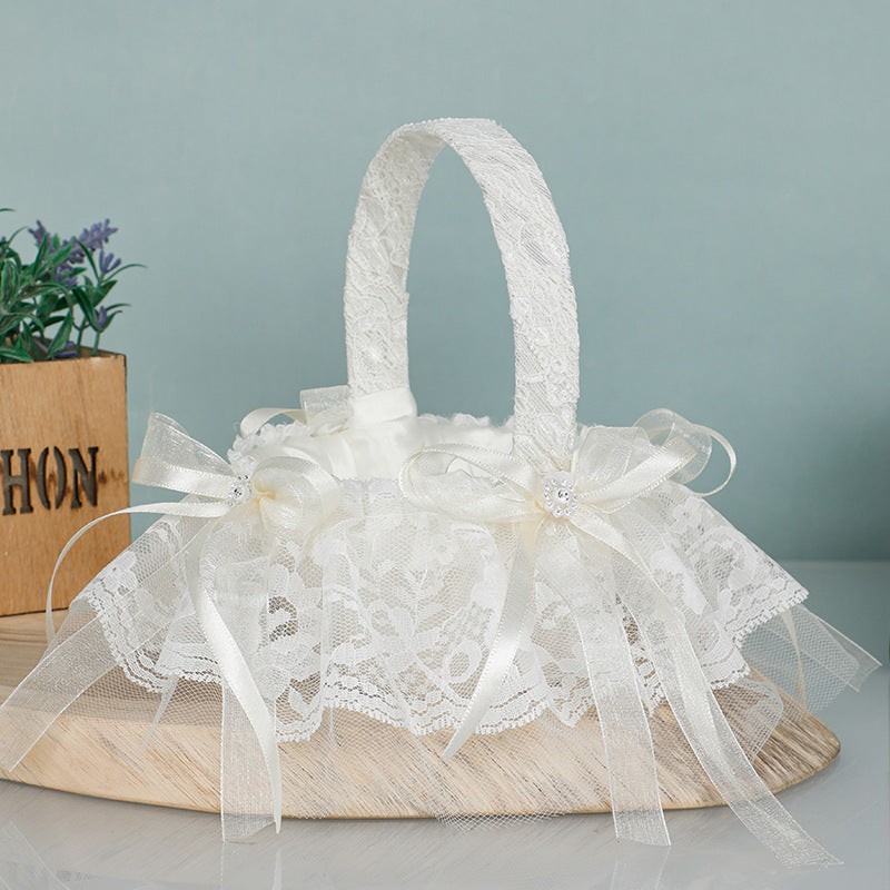 2-Pack Wedding Flower Girl & Bridesmaid Baskets - Lace, Rhinestone & Pearl Embellished White Designs