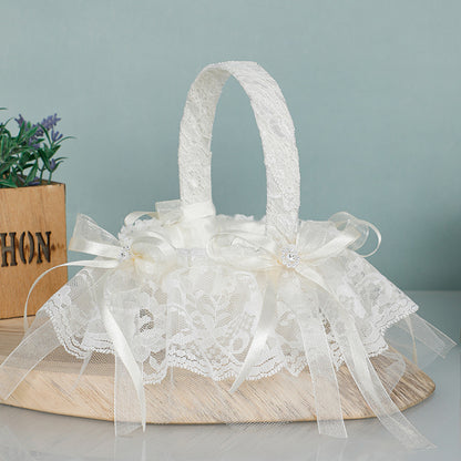 2-Pack Wedding Flower Girl & Bridesmaid Baskets - Lace, Rhinestone & Pearl Embellished White Designs