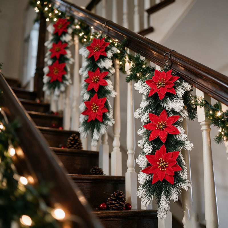 Artificial Pine Needle Christmas Door Hanging with Poinsettias, Trailing Wall Swag, Red Berries, for Holiday Home Decor