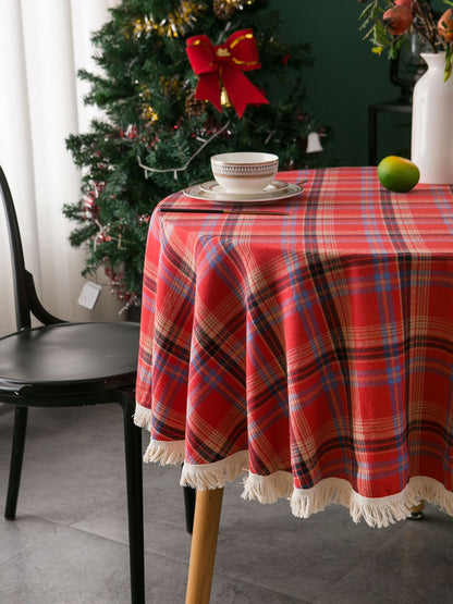 Bulk Plaid Yarn Dyed Fabric Round Tablecloth with Tassel Wholesale