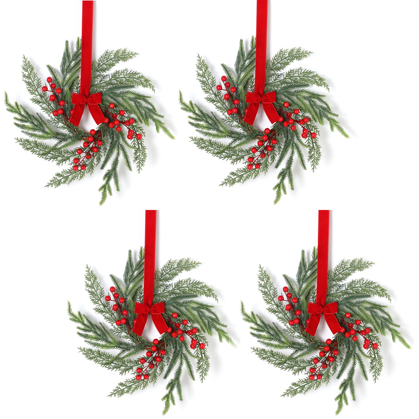 Rustic Pine Needle Christmas Wreath with Red Berries - 12 Inch