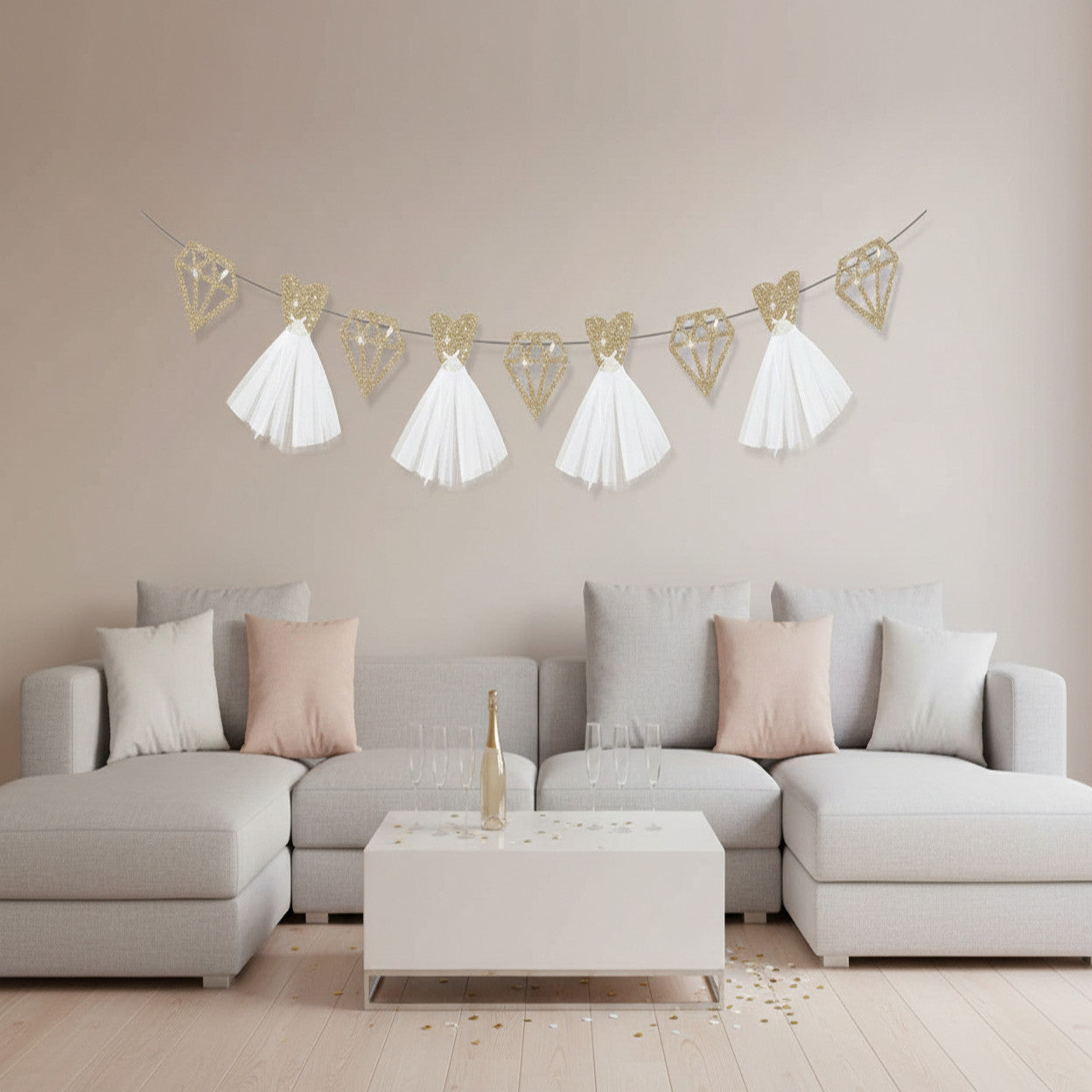 Bachelorette Party Decorations - Ring & Diamond Wedding Paper Garland (2 Sets)