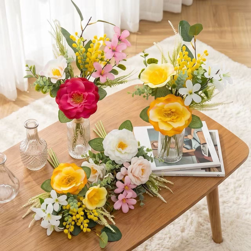 18" Artificial Camellia Flower Bouquet, Set of 6 Stems, UV-Resistant Silk Floral Arrangement for Home Decor, Wedding Centerpieces, Table Settings