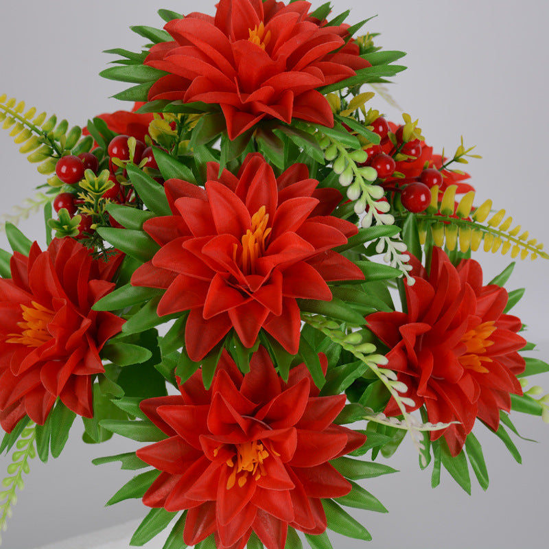 Artificial Dahlia with Berries Bush Bouquet 12 Inch Bulk 6 Stems Silk Flowers for Memorial Arrangements