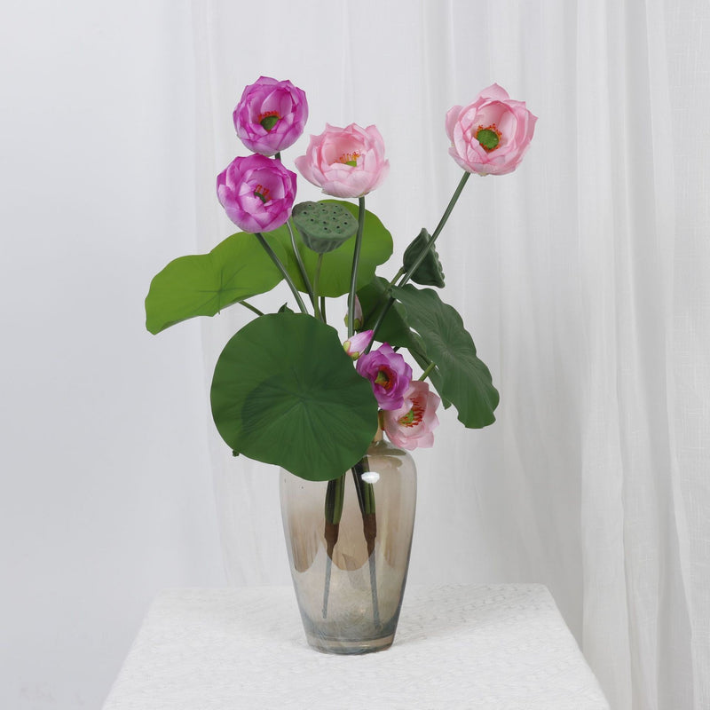 Artificial Lotus Flower Bush, 3-Bloom PU Lotus with Leaves & Seed Pod, for Wedding, Tea Room & Home Decor