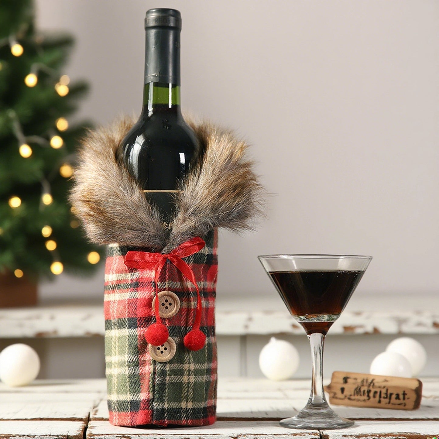 Christmas Plaid Wine Bottle Cover with Faux Fur Collar - Cute Cartoon Holiday Wine Jacket