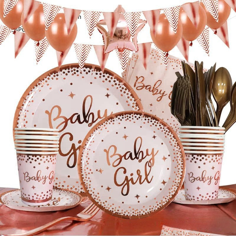 Bulk 10 Pcs Pink Disposable Tableware with Baby Girl Letters Decor Wholesale