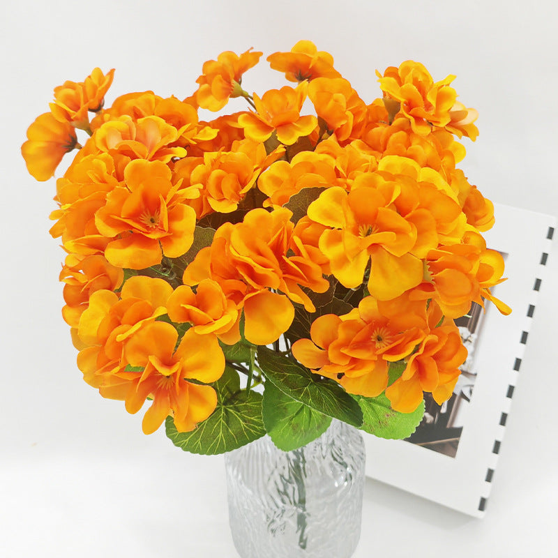 Artificial Geranium Bush with 5 Blooms, 13 Inches, Silk-Like Fabric and Plastic, for Indoor and Outdoor Decor