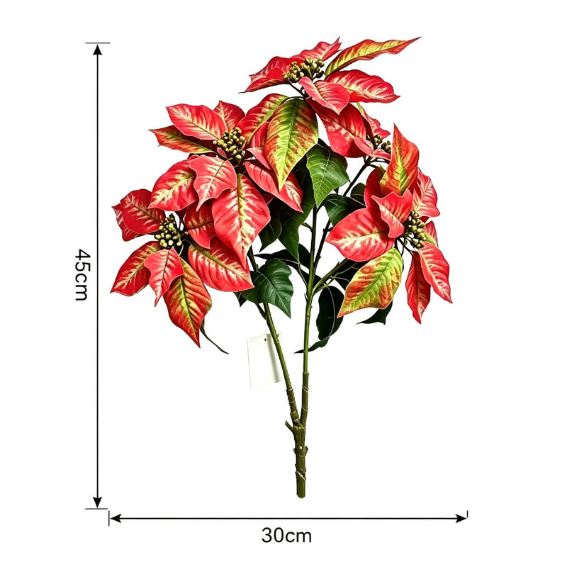 Artificial Poinsettia Bush with 12 Blooms, 18 Inches, Faux Silk and Plastic, Wedding and Home Decor