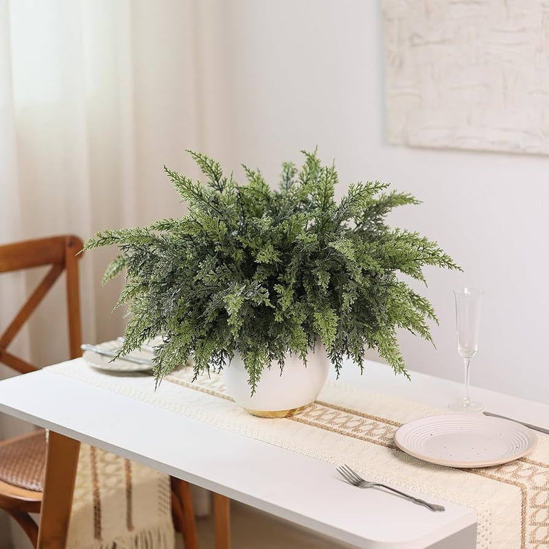 Set of 16 Artificial Cedar Stems, 13" Long, Realistic Plastic Greenery for DIY Decor, Holidays, and Home Arrangements