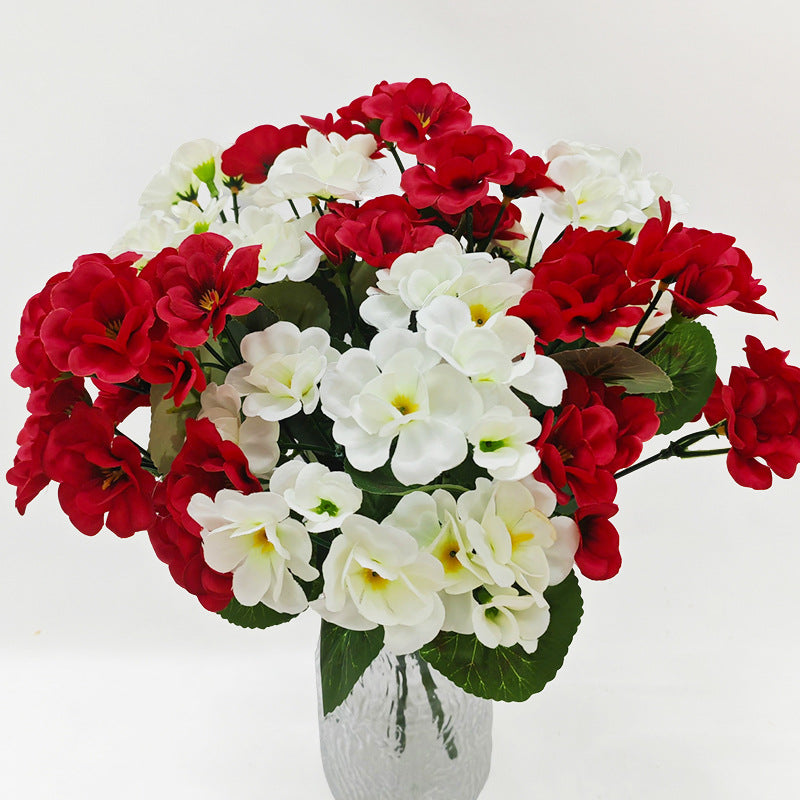 Artificial Geranium Bush with 5 Blooms, 13 Inches, Silk-Like Fabric and Plastic, for Indoor and Outdoor Decor