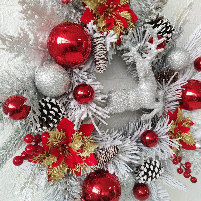 Artificial Christmas Wreaths with Elk, Cedar, Pinecones, Glitter Poinsettias – Holiday Front Door Wall Hanging Decoration, Bulk Wholesale