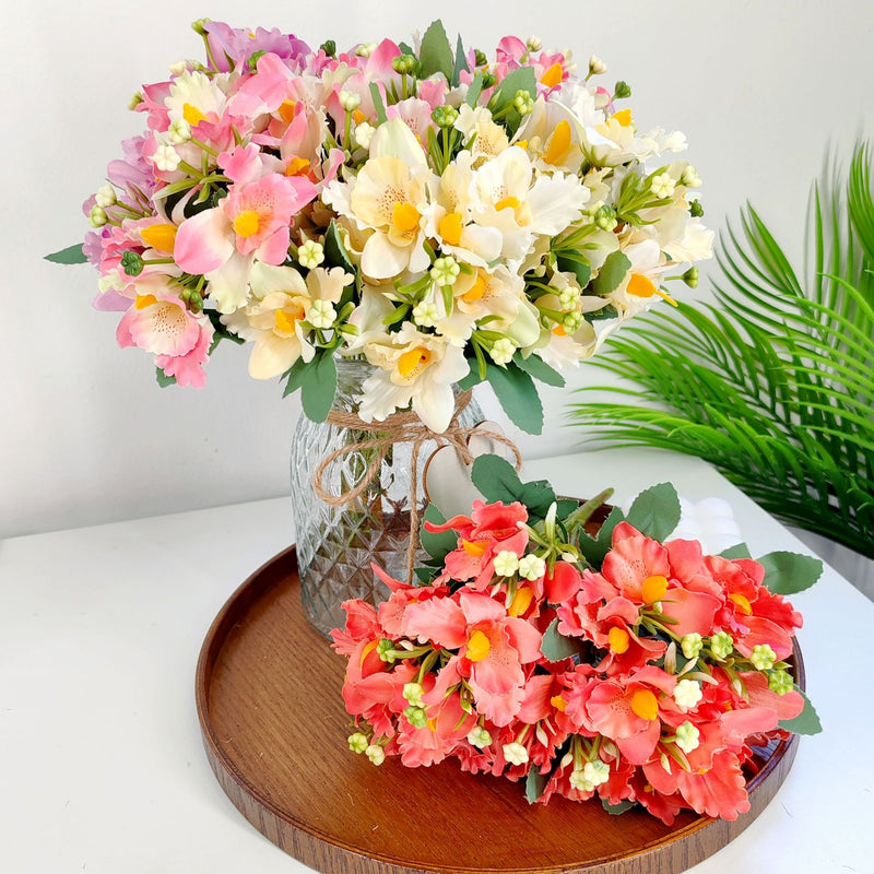 Artificial Cattleya Orchid Bush with 10 Blooms, Silk-Like Fabric, 12" Tall, for Weddings, Home Decor, and Table Arrangements
