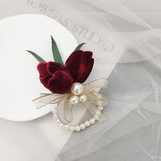 Romantic Marsala Artificial Velvet Tulips Wrist Corsage Bulk Quantity