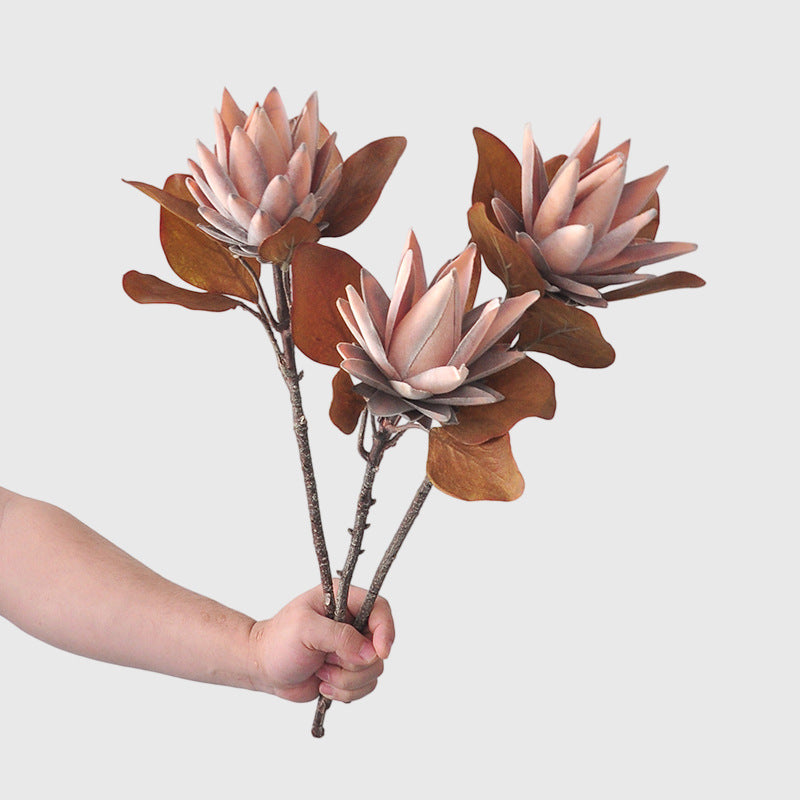 Single Stem Protea Artificial Flower, Caramel Tone, 20" Tall, Silk-like Fabric, Retro Home Decor