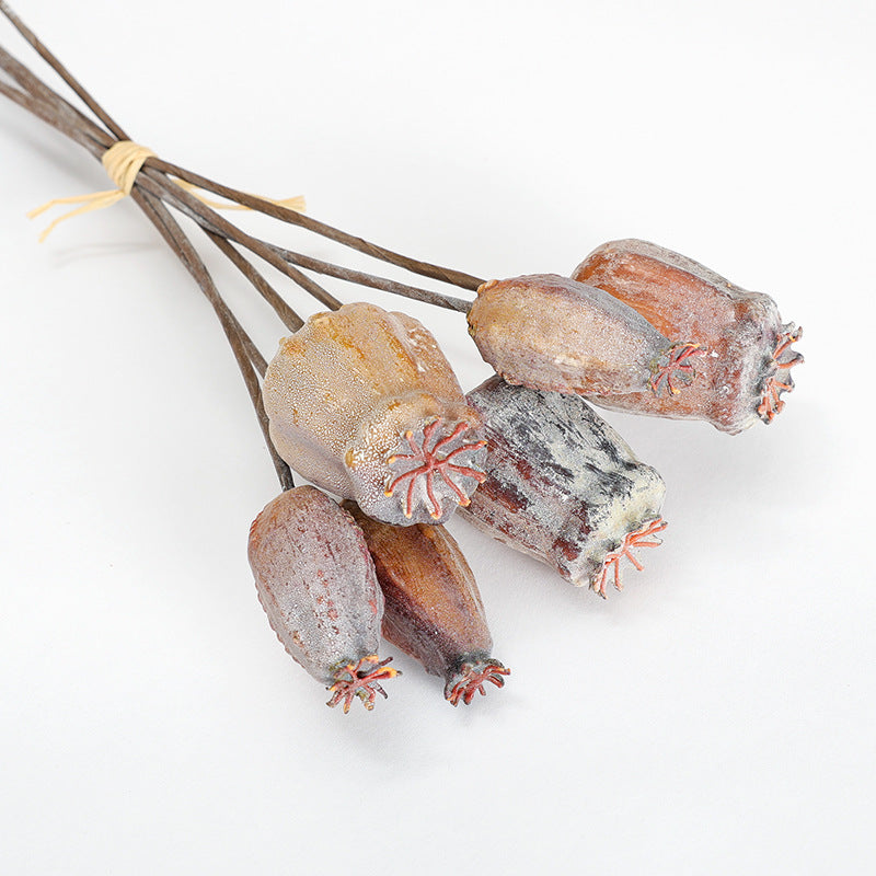Artificial Poppy Pod Bouquet, Set of 6 Stems, 11" Tall, Foam Material, Rustic Farmhouse Decor for Home, Wedding, and Events