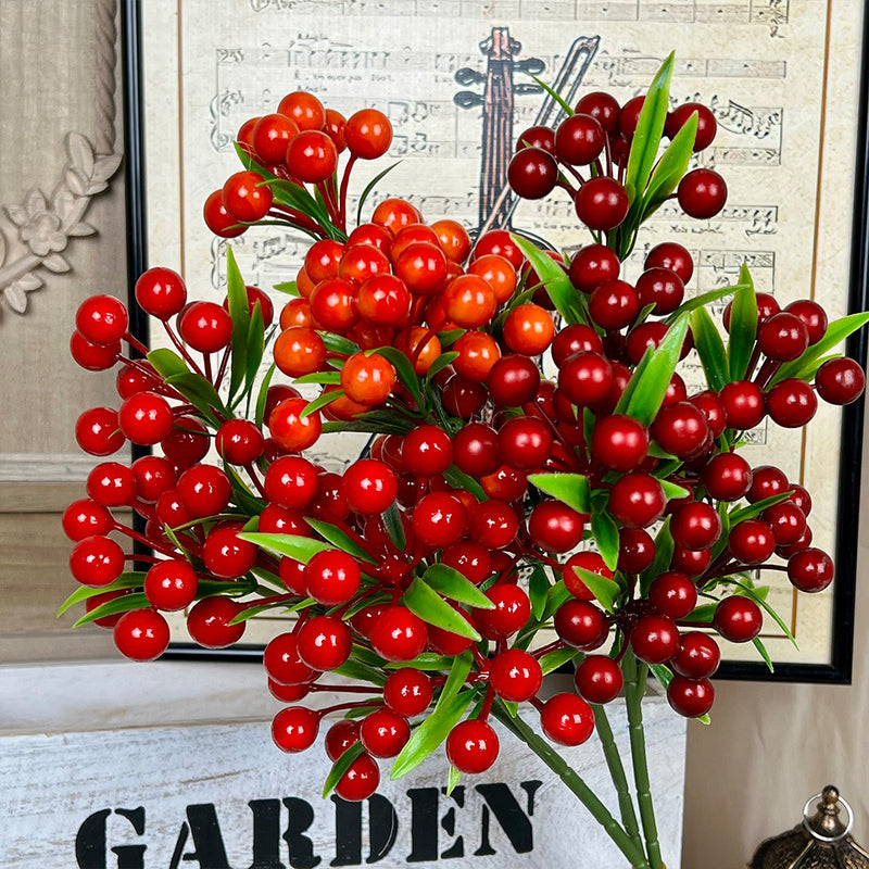 Artificial Lucky Berry Stems, 3-Prong Faux Berry Sprays, 14" Single Stem Plastic Decorative Berries for Christmas, Weddings, Home Decor, and Commercial Displays