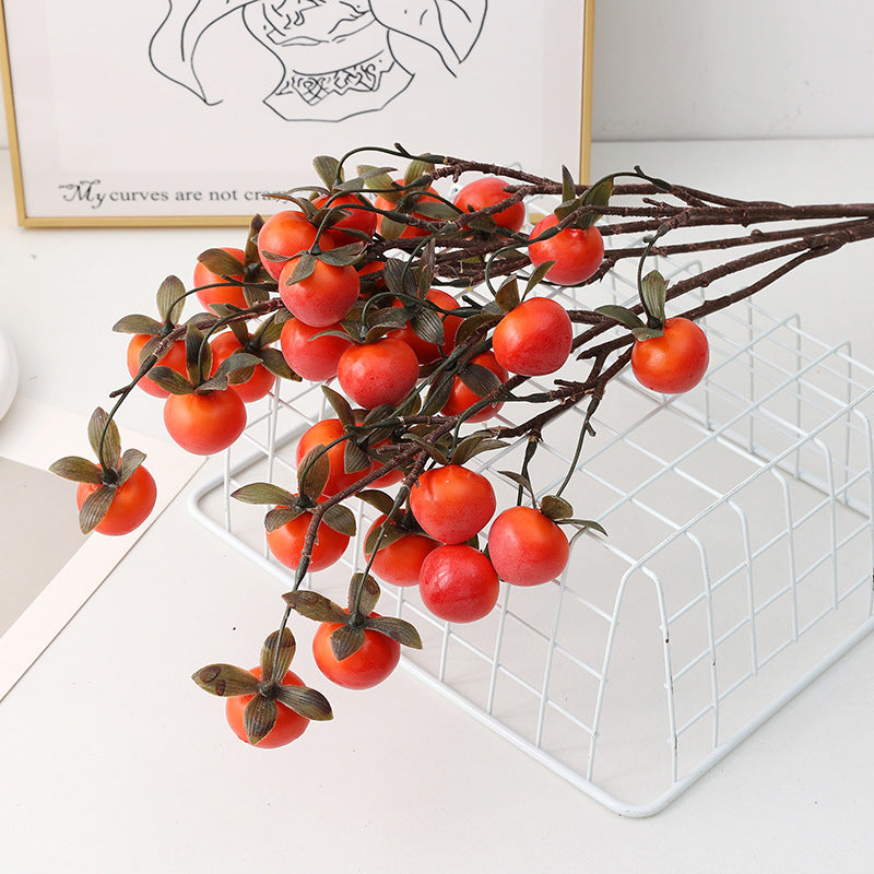 Artificial Mini Persimmon Bush with 14 Blooms, 28" Long Faux Foam Fruit Stems for Home Decor, Weddings & Events