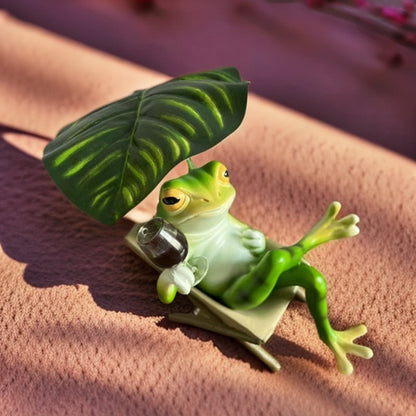 Chill Reclining Frog Statue with Leaf Umbrella - Garden Patio Decor | Indoor Outdoor Relaxing Figurine (Eco-Friendly Resin)