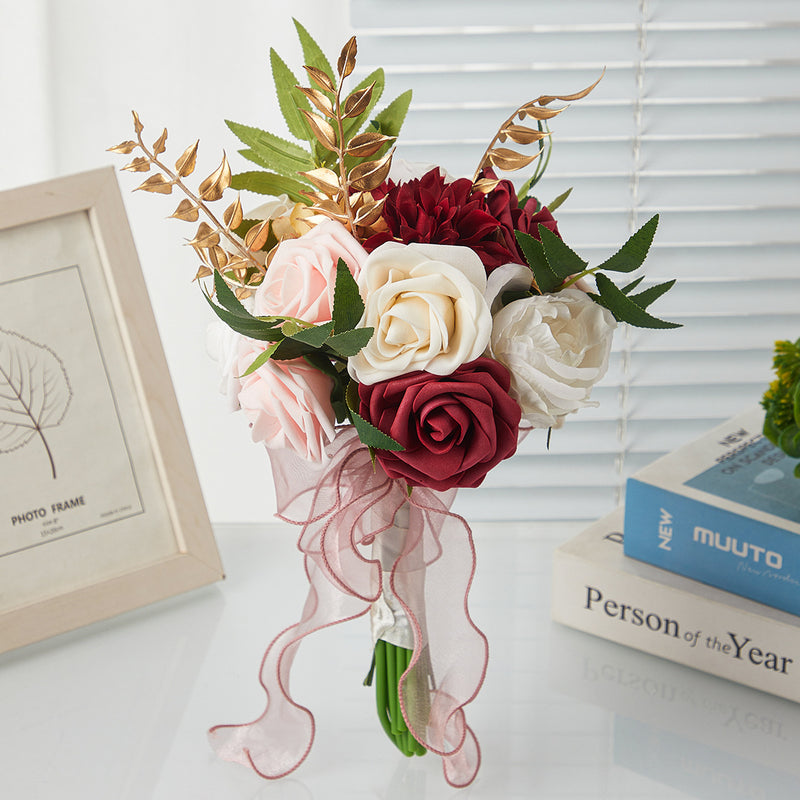 Artificial Rose Bouquet with 7 Blooms, 11.4 Inches, Plastic, Perfect for Weddings, Indoor & Outdoor Use