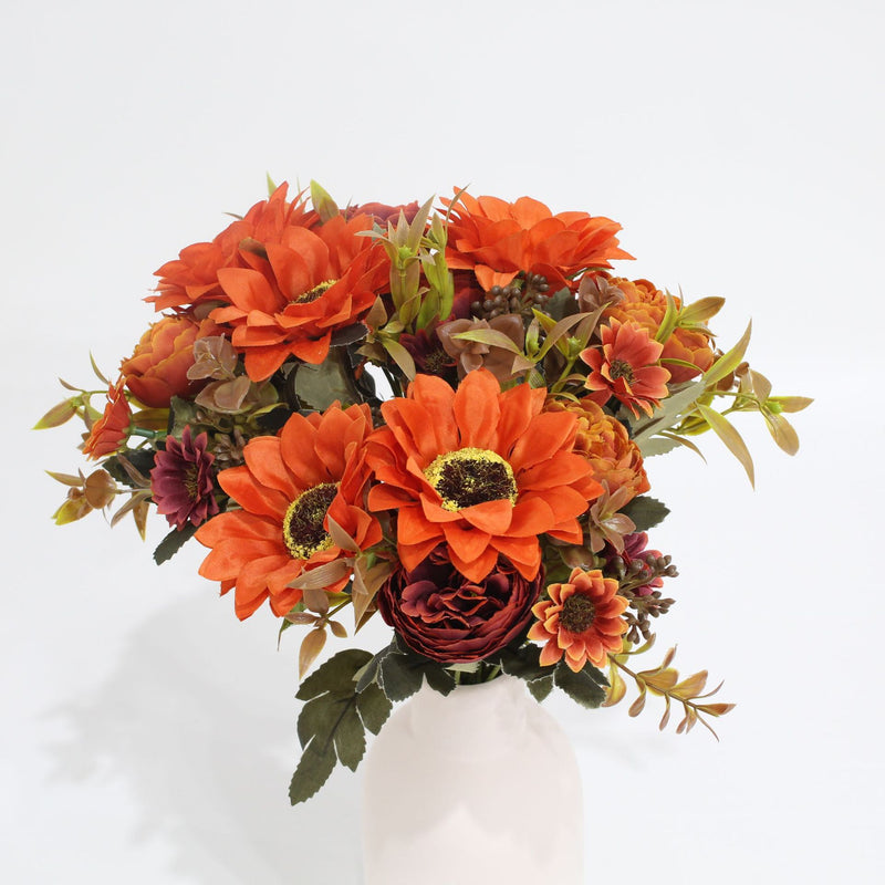 13" Artificial Peony & Sunflower Bush with 8 Blooms, Realistic Faux Flowers for Home Decor, Wedding & Events
