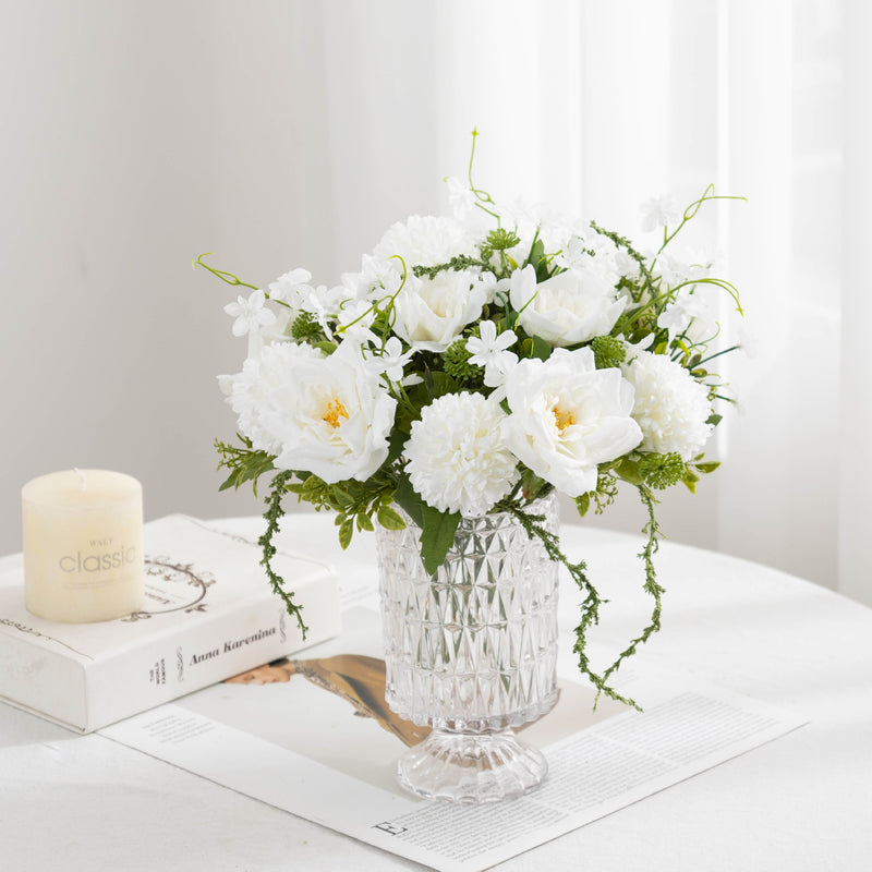 11" Realistic Artificial Rose & Chrysanthemum Bush, 5-Bloom Floral Cluster for Weddings, Home Decor, and Events, Countryside & Modern Style