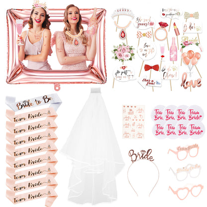 Bride to Be Veil Set - 41PCS Bachelorette Party Decorations with Gold Glitter Sash Tiara Temporary Tattoos & Photo Props