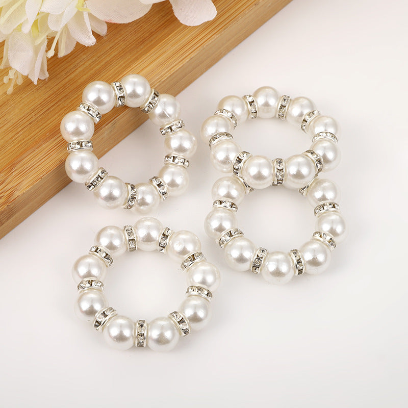 Romantic 12 Pcs Hand-beaded Pearl Rhinestone Napkin Rings - Wedding Table Elegant Decor Elastic Napkin Holders