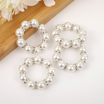 Romantic 12 Pcs Hand-beaded Pearl Rhinestone Napkin Rings - Wedding Table Elegant Decor Elastic Napkin Holders