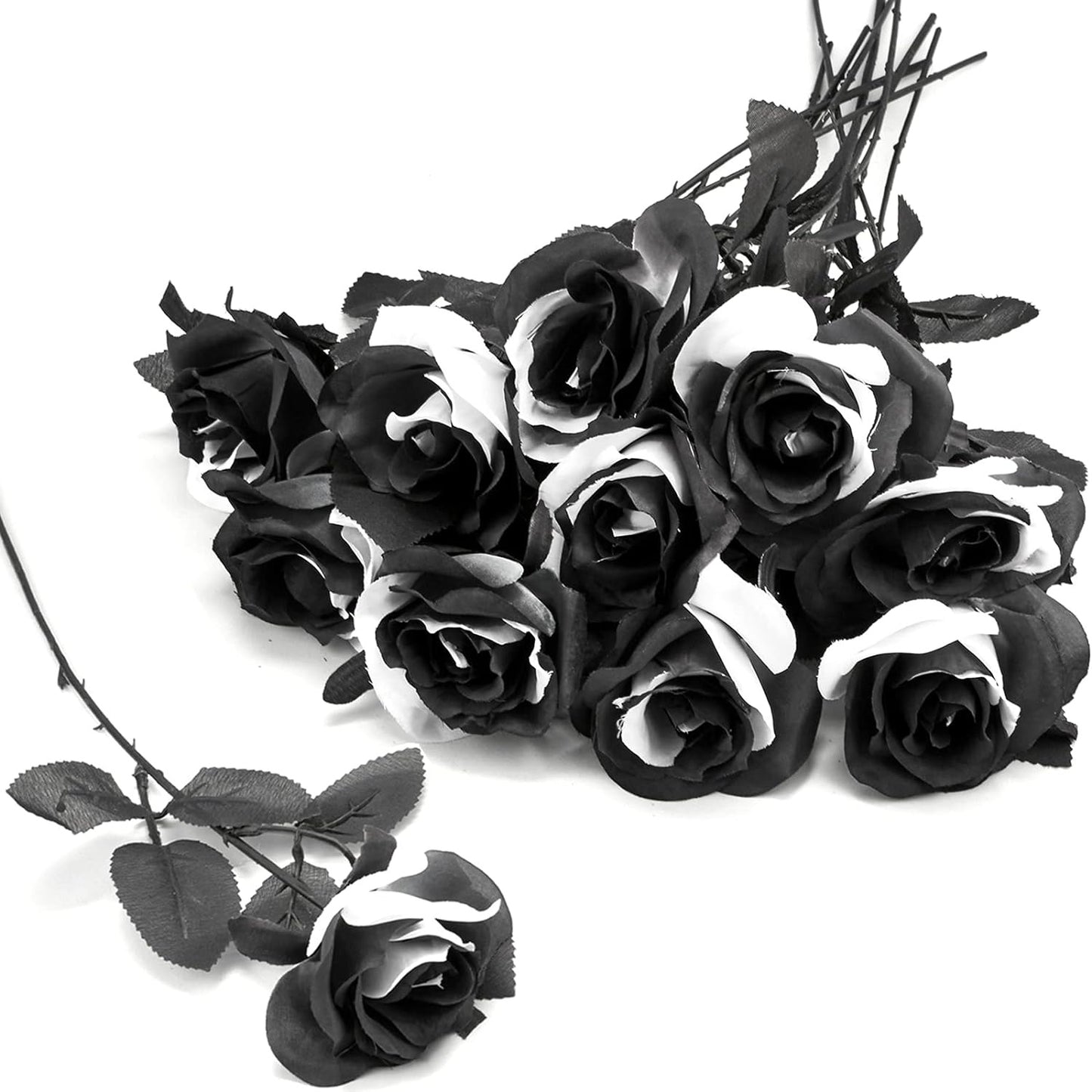 Bulk 10Pcs Black And White Roses 2025 Real Touch Silk Flowers Bridal Bouquet for Gothic Wedding Decor Hotel Arrangements Wholesale