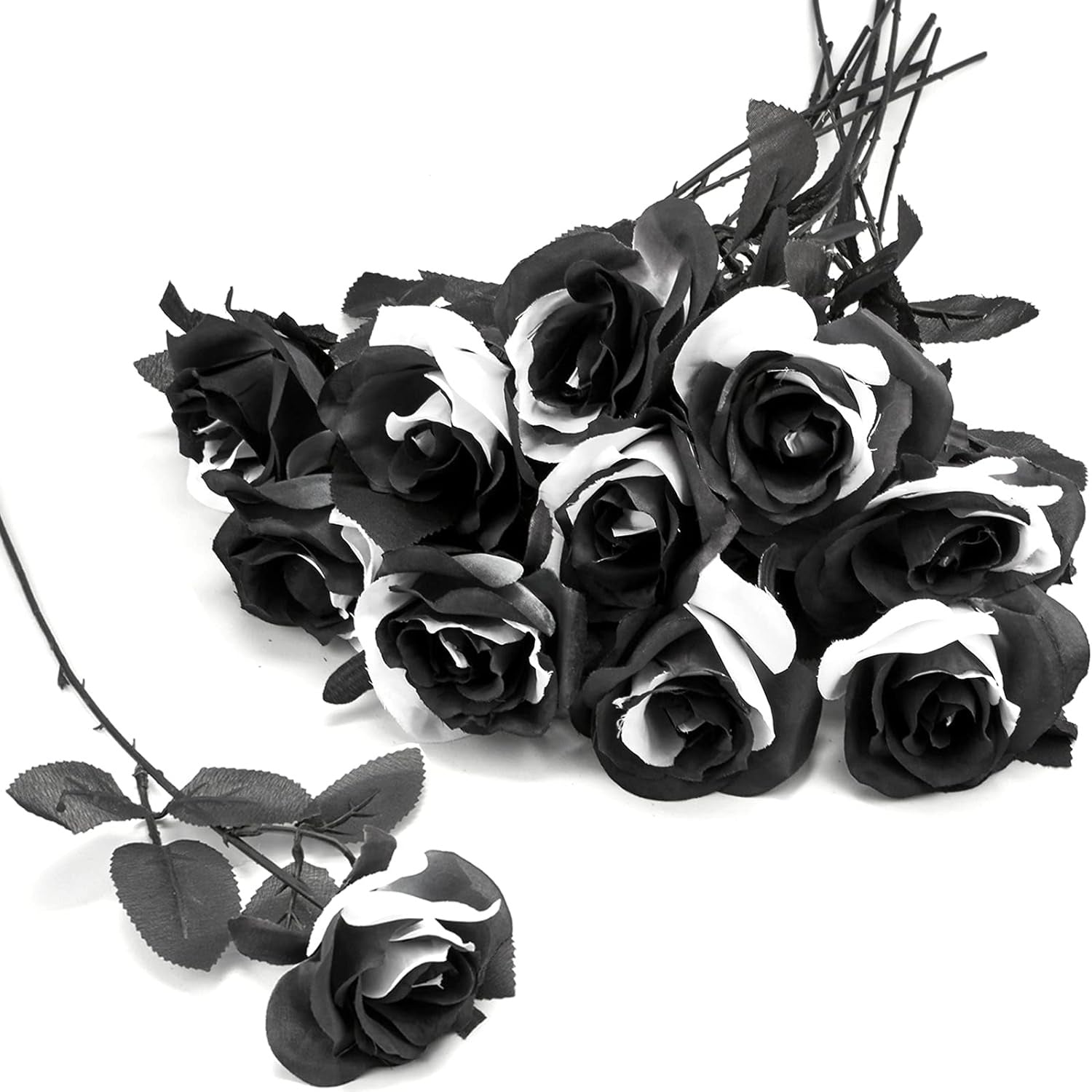 Bulk 10Pcs Black And White Roses Artificial Flowers With Stems Silk Flowers Bridal Bouquet Gothic Wedding Bouquet Realistic Blossom Flora For Black Wedding Hotel Decorations Wholesale