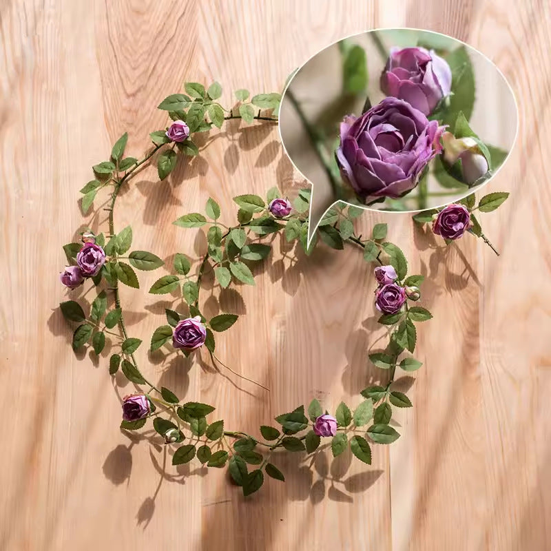 Artificial Angus Rose and Small Rose Vine Garland, 57 Inch Silk-Like Fabric, Wedding Arch and Wall Decor