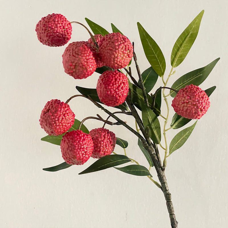 Artificial Litchi Fruit Branches, Foam Lychee Bush with 9 Blooms (1.5"), 18" Tall, Realistic Decorative Stems for Home Decor, Wedding Centerpieces & Commercial Displays