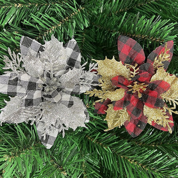 Christmas Poinsettia Flower Heads, 5.5" Red/Silver Loose Floral Picks for Holiday Decor, DIY Wreaths & Centerpieces
