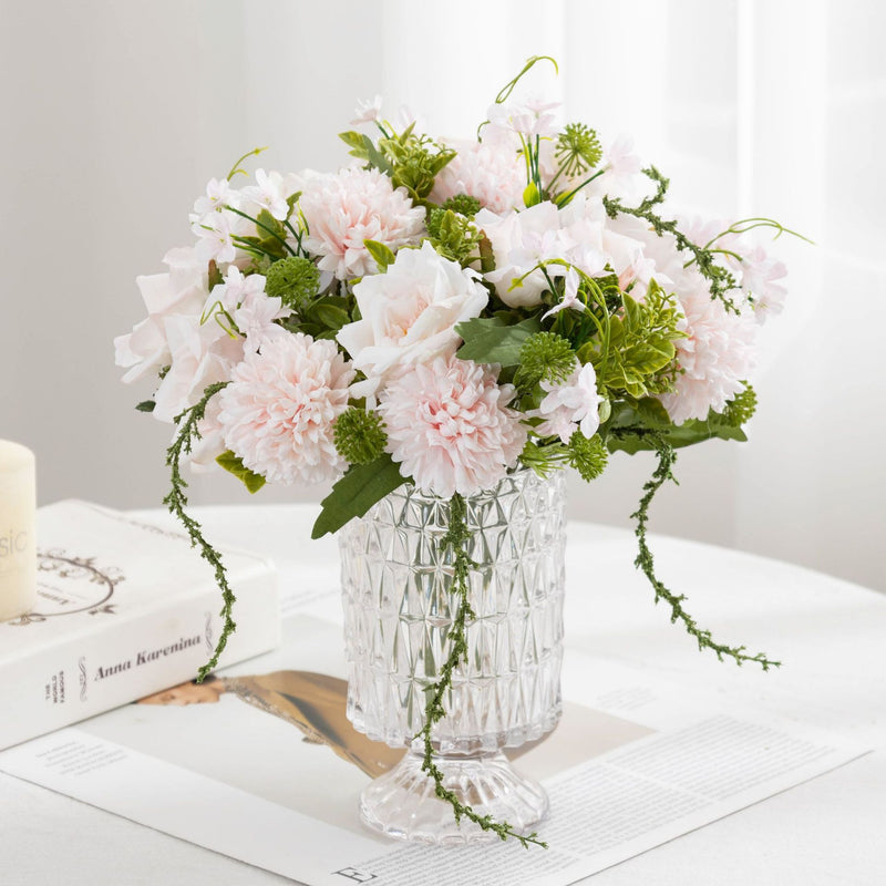 11" Realistic Artificial Rose & Chrysanthemum Bush, 5-Bloom Floral Cluster for Weddings, Home Decor, and Events, Countryside & Modern Style