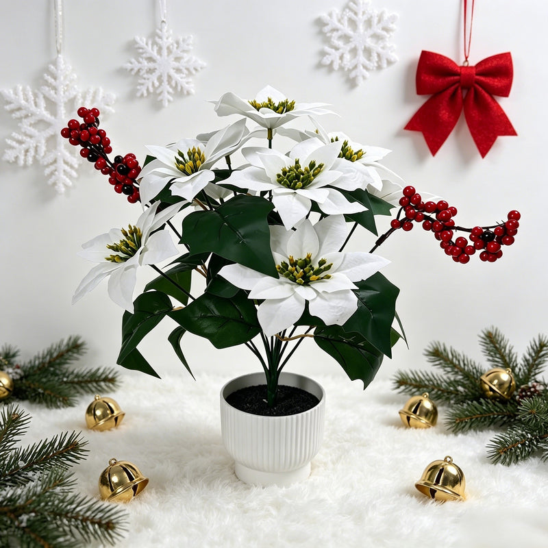 21" Velvet Poinsettia Bush, Christmas Floral Decor for Home, Office & Events, Realistic PVC Holiday Stems
