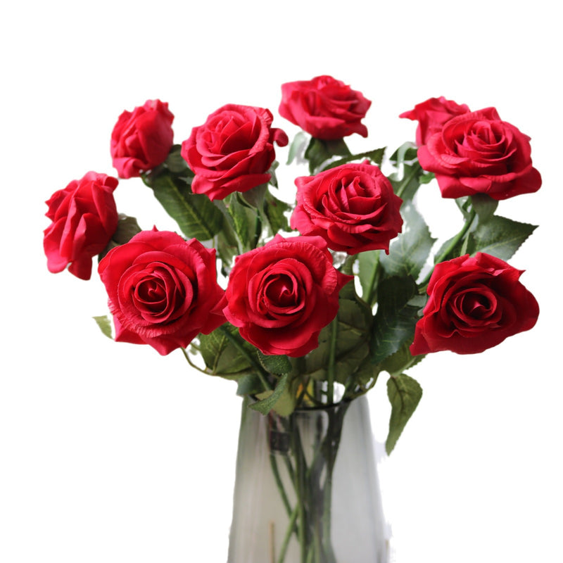 Realistic Silk Rose Bouquet, Set of 10 Stems with 6.5" Blooms, 17" Tall, Wedding & Home Decor, Floral Arrangements