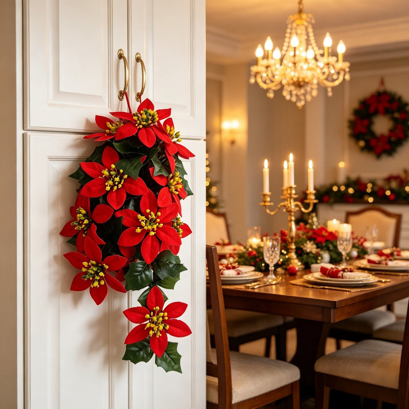 Artificial Poinsettia Garland Vine, 16" Hanging Christmas Decor with 11 Blooms, Bendable Stems for Holiday, Wedding & Home Decor