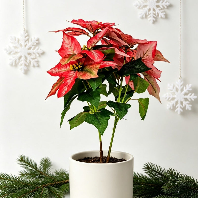 5-Bloom Artificial Poinsettia Bush, 20" Tall, Silk-Like Fabric, Indoor Holiday Decoration