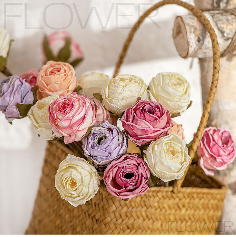 12 Inch Vintage Burnt Edge Rose Bouquet 12 Stems Artificial Flowers Bulk