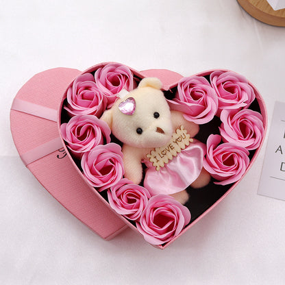 Heart Shaped Rose Soap Flower Gift Box - 10 Soap Roses with Cloth Bear | Valentine's Day & Mother's Day Birthday Gift