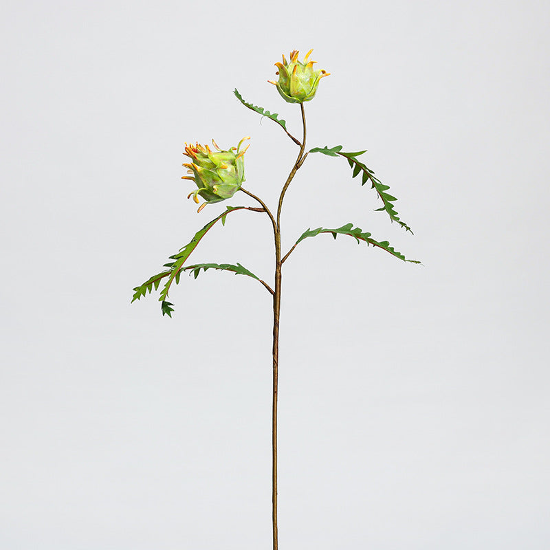Artificial Milk Thistle Stem, Double Bloom Faux Botanical for Home Decor, Office & Events, 23" with 5 Leaves