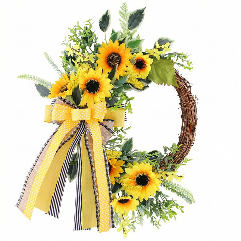 Autumn Sunflower Half Wreath Garland, 18" Long, Plastic, Bee Decor, Door Hanging