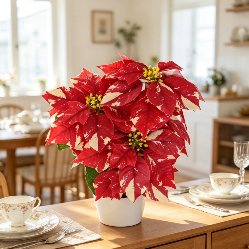 Artificial Poinsettia Bush with 23cm (9") Snowflake-Patterned Blooms, 20" Tall, Indoor Decor