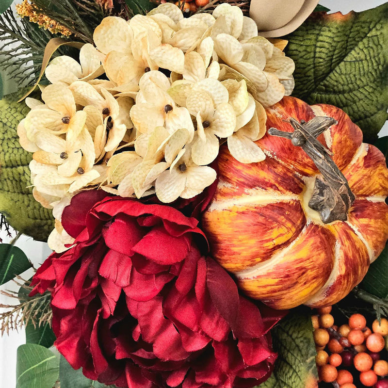 Autumn Rustic Pumpkin Hydrangea Wreath, 16" Woven Rattan Wall Hanging for Fall Decor, Wedding, Farmhouse Style