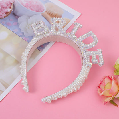 Bachelorette Party Bride Pearl Crystal Headband Veil Sash - Fashion Bridal Hair Accessory
