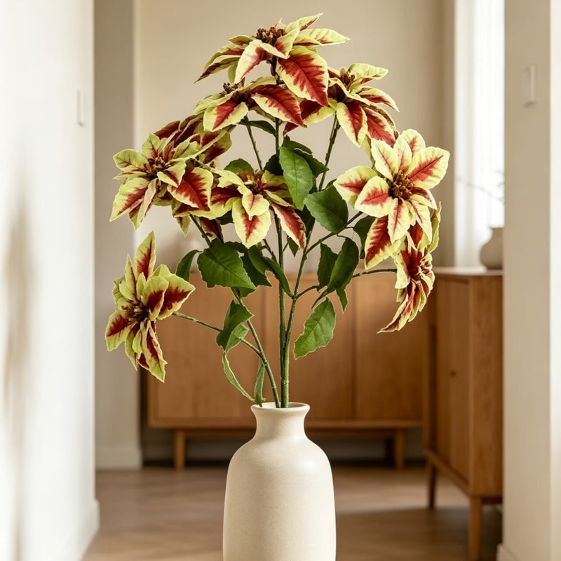 Artificial Poinsettia Bush with 12 Blooms, 18 Inches, Faux Silk and Plastic, Wedding and Home Decor