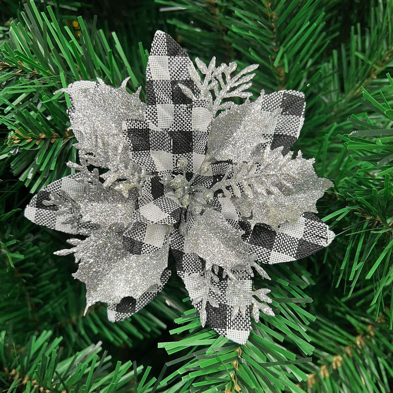 Christmas Poinsettia Flower Heads, 5.5" Red/Silver Loose Floral Picks for Holiday Decor, DIY Wreaths & Centerpieces